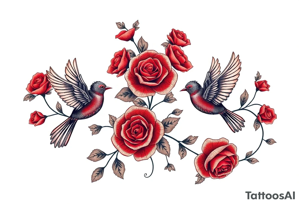 Vintage lace, red roses, red birds, vintage, wrap around, tighter together, no space open tattoo idea