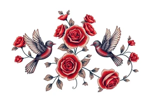 Vintage lace, red roses, red birds, vintage, wrap around, tighter together, no space open tattoo idea