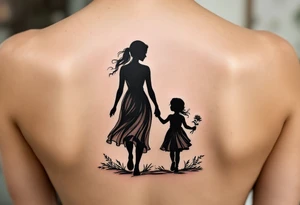 A black silhouette of a mother and young daughter walking hand in hand, the daughter holding a flower, with soft gray shading to suggest a sunset background. tattoo idea