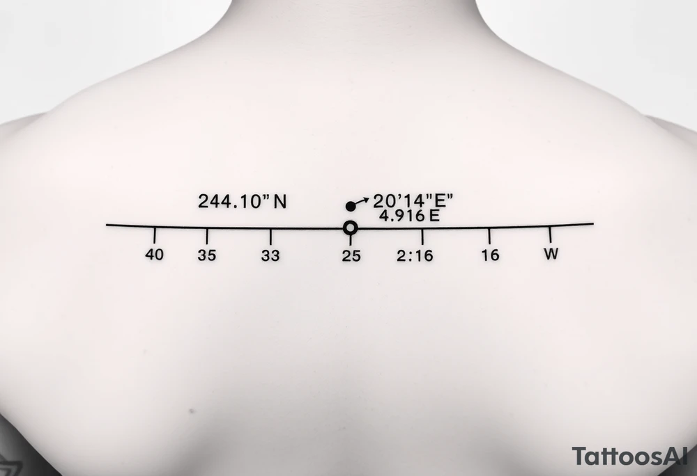 "24°10′N, 20°16′E". Below the second dot, write: "53.4084°N, 2.9916°W". Above each coordinate, place a small circle or marker dot to signify key points. Beneath the entire timeline, add a single row — ● — ●   ● —   ● — ●   — — —   ● — ● ●   ● ●   — ● ●   ● — tattoo idea