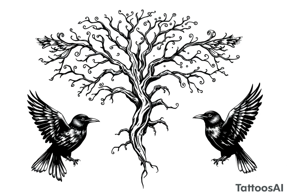 Irish shoulder tattoo, that is non-religious and has a Celtic tree and tribal ravens tattoo idea