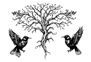 Irish shoulder tattoo, that is non-religious and has a Celtic tree and tribal ravens tattoo idea