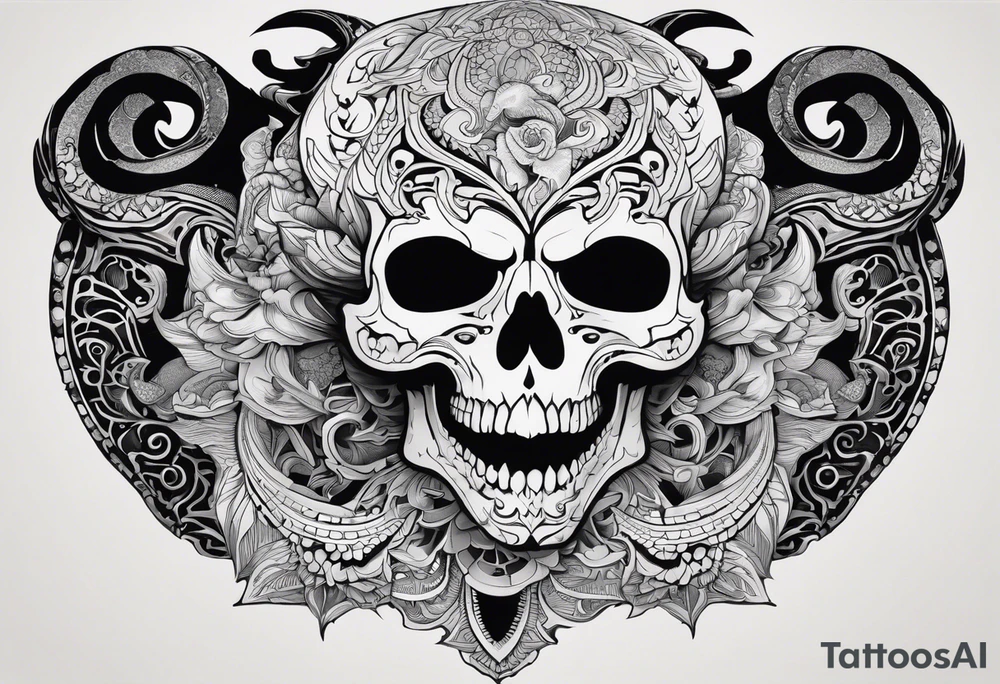 A black-and-white silhouette illustration of a fantastical skull with intricate details, its face twisted into surreal, angular shapes. Wrapped around the skull is a dragon, its body coiled in a striking, dynamic pose, with sharp, bold outlines for its scales and features. Surrounding the main skull are several smaller skulls, each with distinct, abstract patterns formed from solid black lines and shapes. The overall design is rich in detail, but entirely in black and white, with no shading or gradients. The background is dark and minimalistic, with swirling, shadowy shapes that add a sense of mystery and the supernatural. The composition embodies dark fantasy, emphasizing death and creativity through sharp contrasts and striking silhouettes. tattoo idea