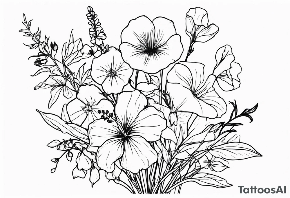 flower bouquet including sweet pea, larkspur, morning glory and cosmos tattoo idea