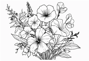 flower bouquet including sweet pea, larkspur, morning glory and cosmos tattoo idea