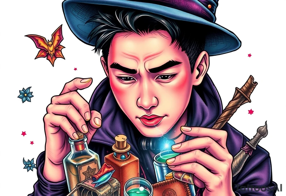 Handsome Asian young adult guy is  accidentally stumbled upon witch tools, supplies, artifacts, potions and exploring it curiously tattoo idea