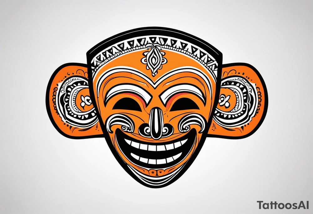 Laughing Mexican mask that is orange and black simplistic tattoo idea