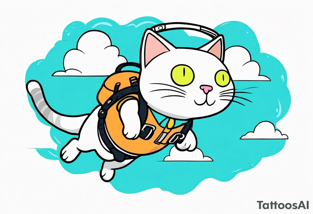 cat going skydiving with parachute in the rick and morty style tattoo idea