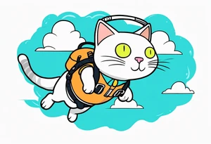 cat going skydiving with parachute in the rick and morty style tattoo idea