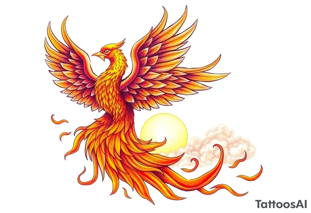 magnificent phoenix rising from flames with trailing embers pinks golds orange and yellows with a golden sunset and sky with puffy clouds and heaven backdrop tattoo idea