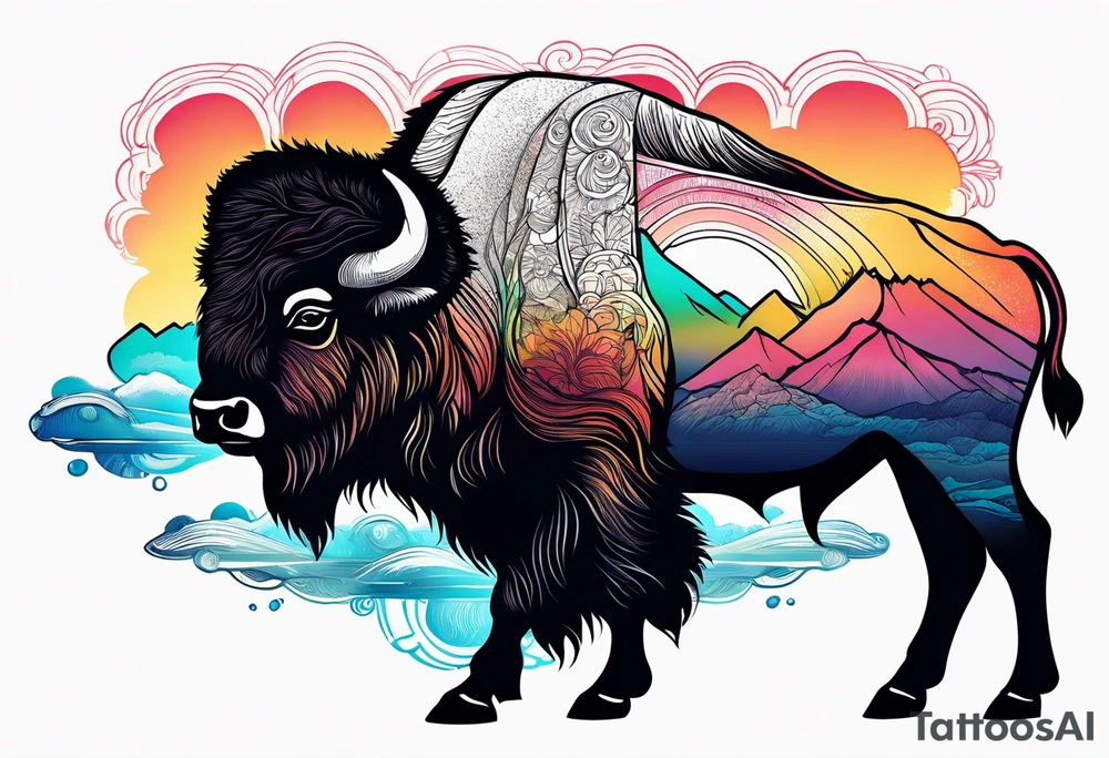 bison silhouette with grand prismatic spring colors tattoo idea