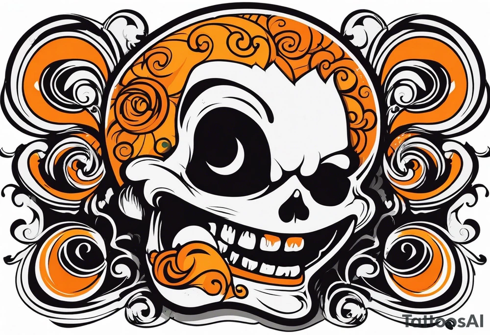 skull laughing black and orange tattoo idea
