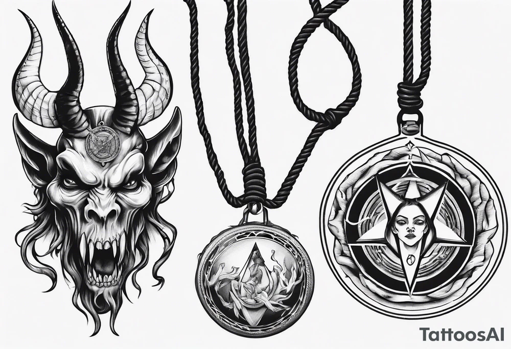 woman hand holding satan medallion on a rope tattoo idea