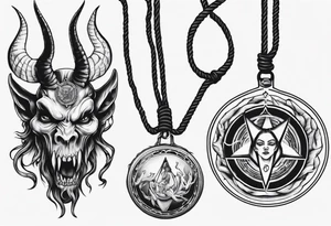 woman hand holding satan medallion on a rope tattoo idea