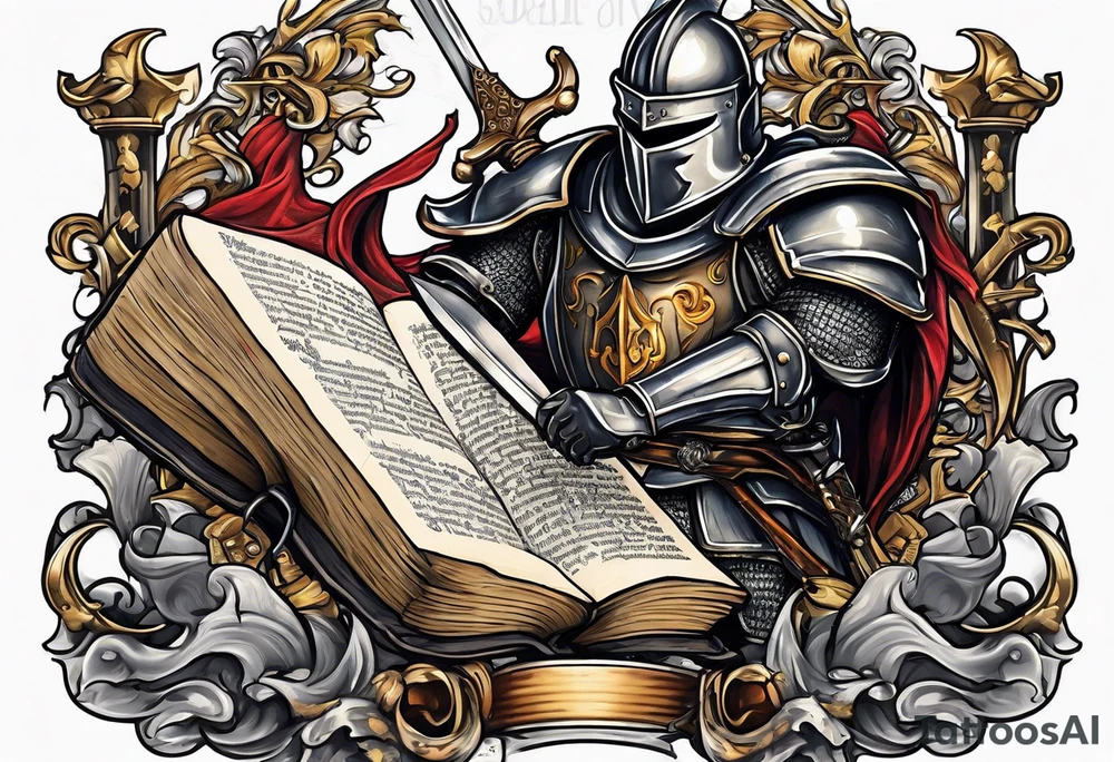 a knight pulling a sword out of an open bible tattoo idea