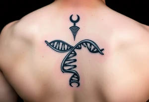 "Tattoo mimicking a DNA strand, but:  
- Base pairs replaced with Wi-Fi/Torrent logos  
- Caption: 'Open source enlightenment'  

Style: Bio-mechanical. Black/blue, bicep." tattoo idea