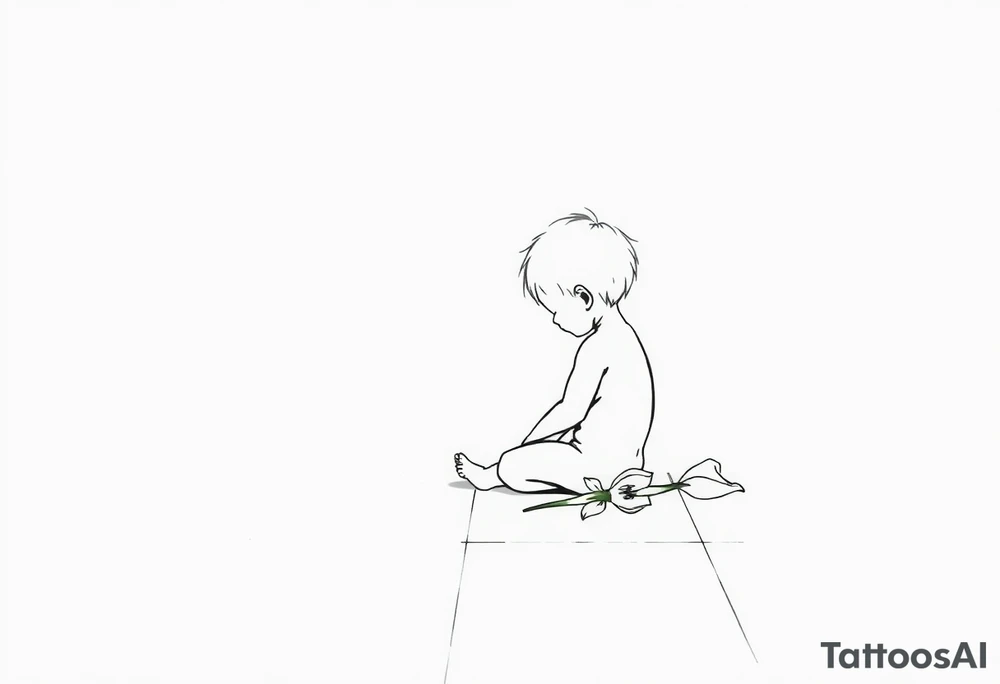 A simple tile floor with a minimalist outline of a curled child sitting on the floor with a lily next to her tattoo idea