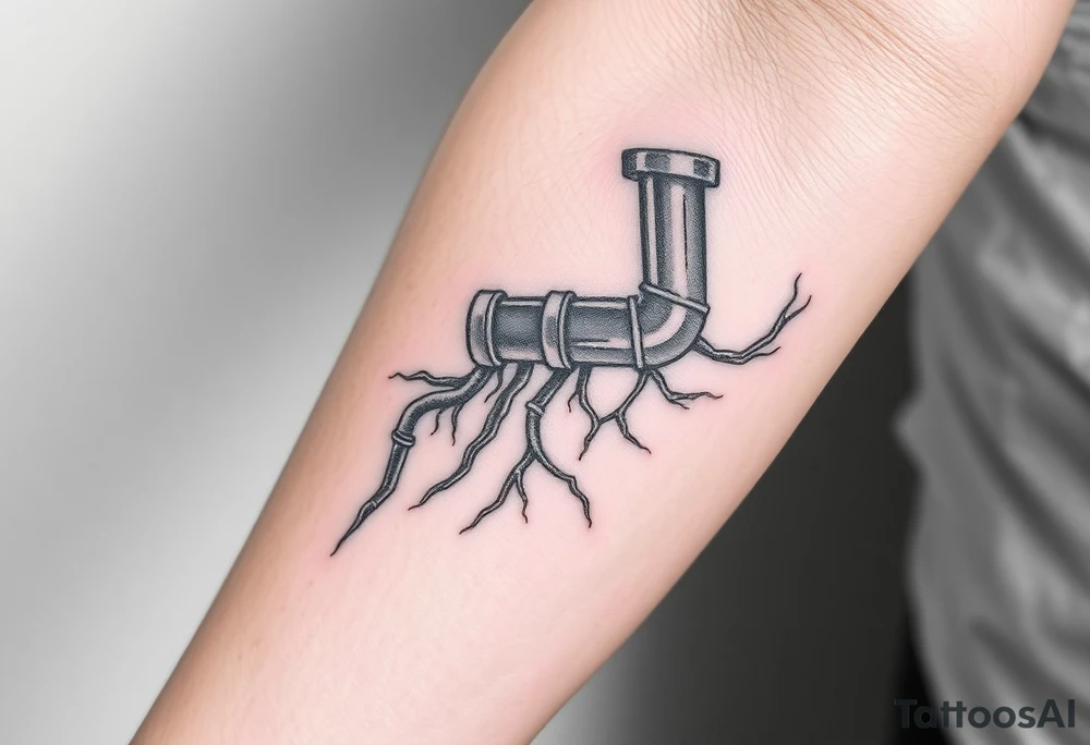 Top pipe starts closer to the elbow, long System of pipes that transitions and transforms into veins of forearm tattoo idea