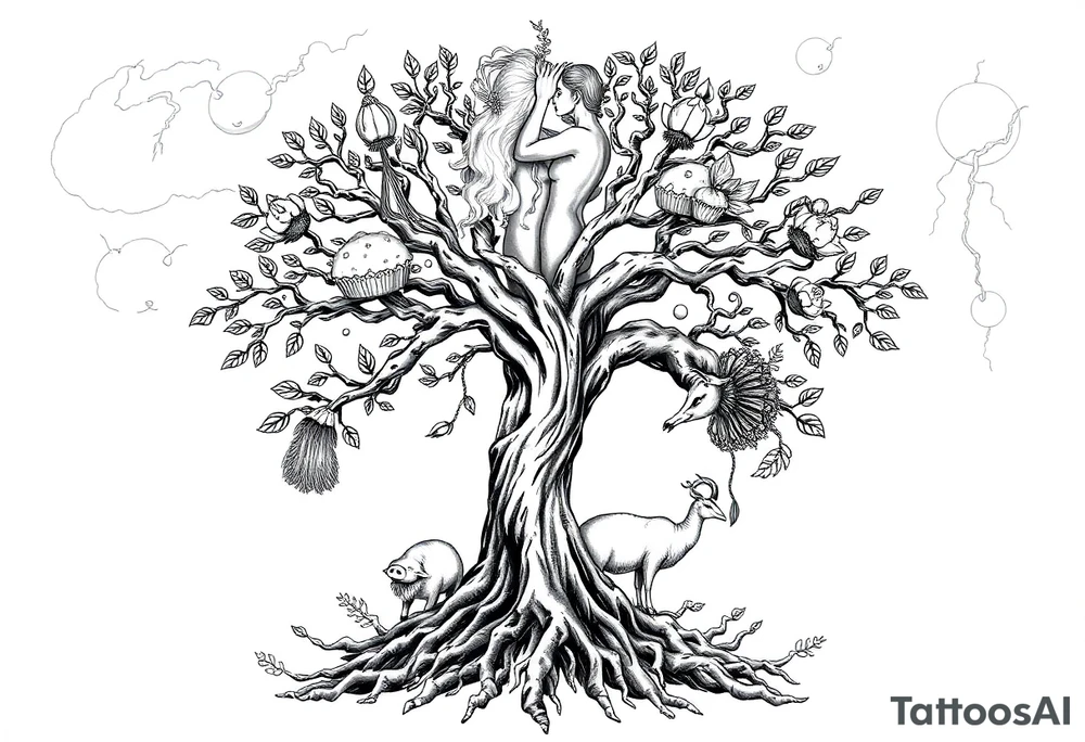 mystical tree of life with cosmic roots and celestial branches fat naked sexy woman , peacock , pig , cupcakes, liquor, cigerette, Storm clouds, pig, peacock , fat sexy naked fat woman, cupcakes, noose , money, goat lion, couple having sex, cigerette storm lightening, killing, darkness death, violent majestic creatures tattoo idea