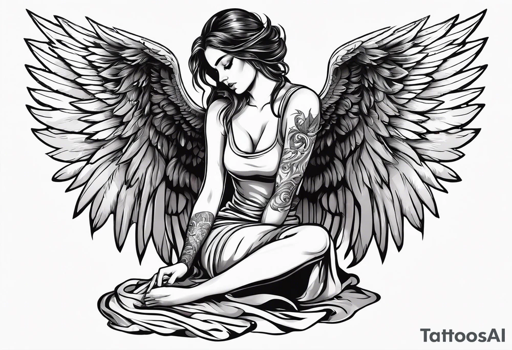 angel girl kneeling with face looking down wings wide open symbol of satan vector under her tattoo idea