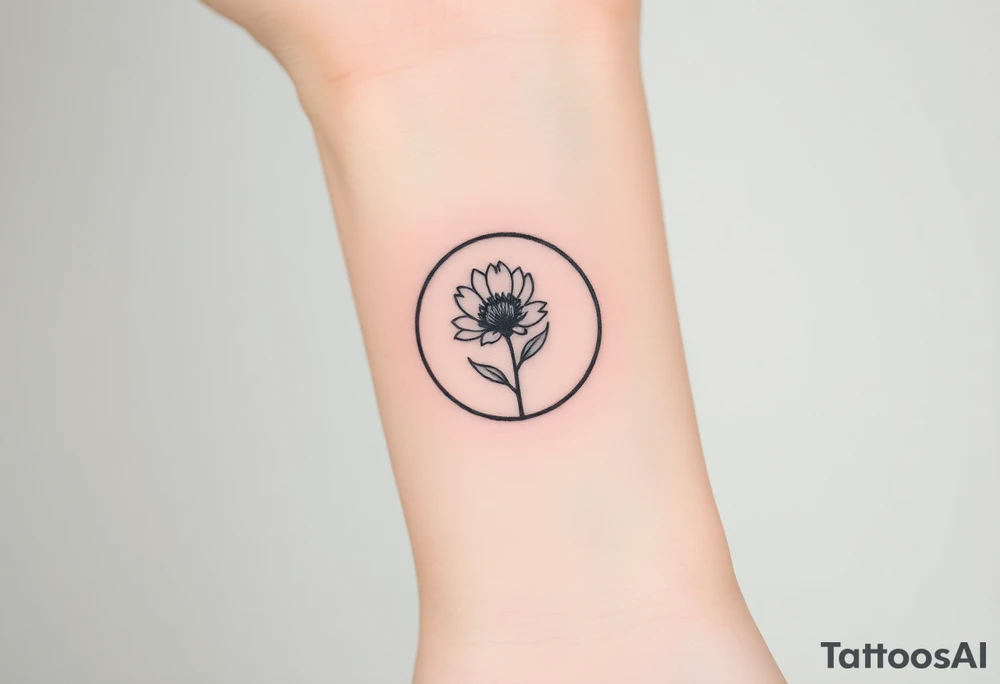 Small black ink tattoo with full moon, small chrysanthemum and tiny scorpio gliph inside moon tattoo idea