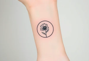 Small black ink tattoo with full moon, small chrysanthemum and tiny scorpio gliph inside moon tattoo idea