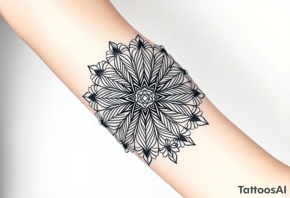 Geometric floral mandala with 5 Symbolic elements for each family member. Two base elements for my husband and I, intertwined floral patterns like mirrored vines or spiral paisleys representing our identical twins, and a Gemini zodiac sign for my son. Use feminine-yet-bold linework and Interconnected elements to reflect family unity tattoo idea