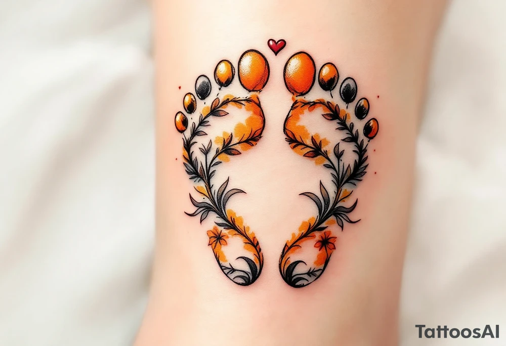 Golden yellow and soft brown footprints of Lukáš, paired with a heart to symbolize the love he brings into the world. tattoo idea