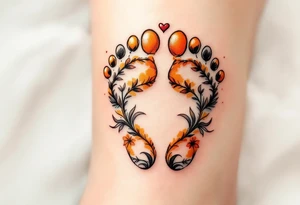 Golden yellow and soft brown footprints of Lukáš, paired with a heart to symbolize the love he brings into the world. tattoo idea