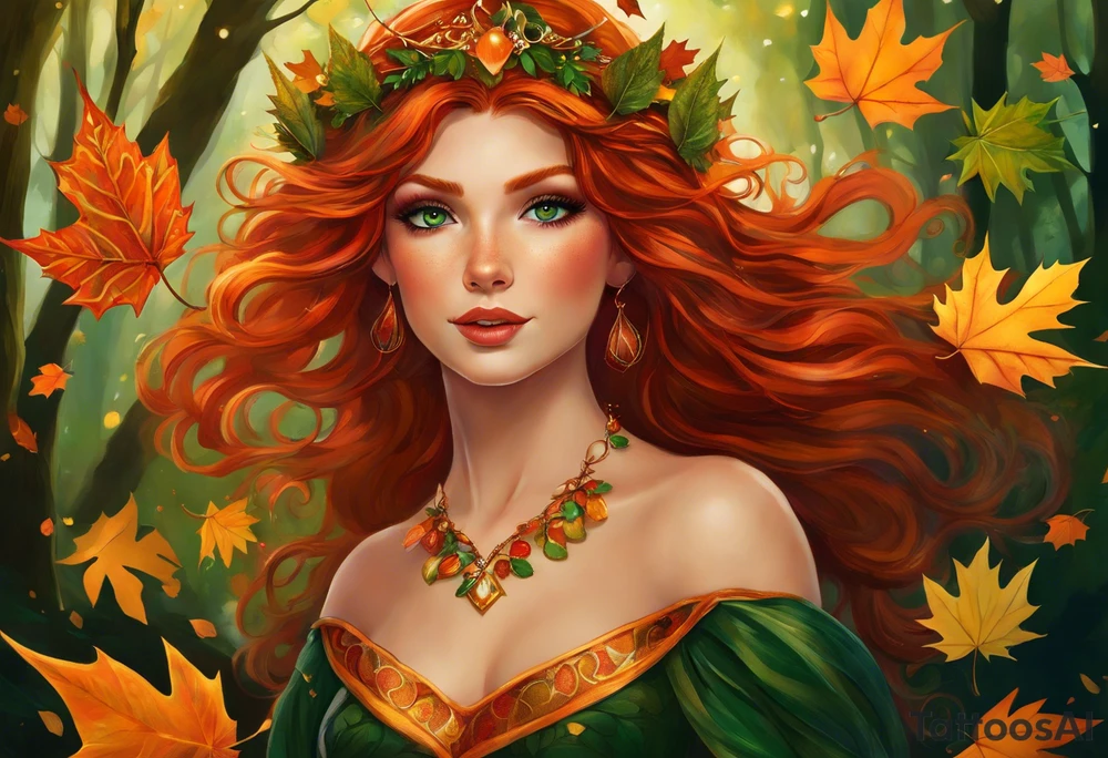 A auburn haired fairy in the middle of a forest during the peak of autumn, twirling in a whirlwind of autumn leaves. The fairy's hair is auburn with copper colors and a crown of gold, orange, and red leaves adorning her head. Her eyes are emerald green with gold flecks, ruby lips and pale skin. Her dress a deep green. tattoo idea