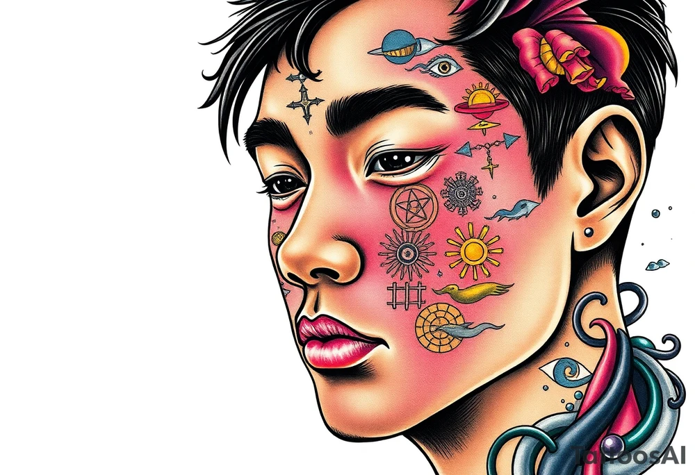 Handsome Asian young guy is drowning symbols on his face tattoo idea