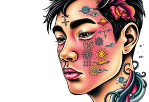 Handsome Asian young guy is drowning symbols on his face tattoo idea