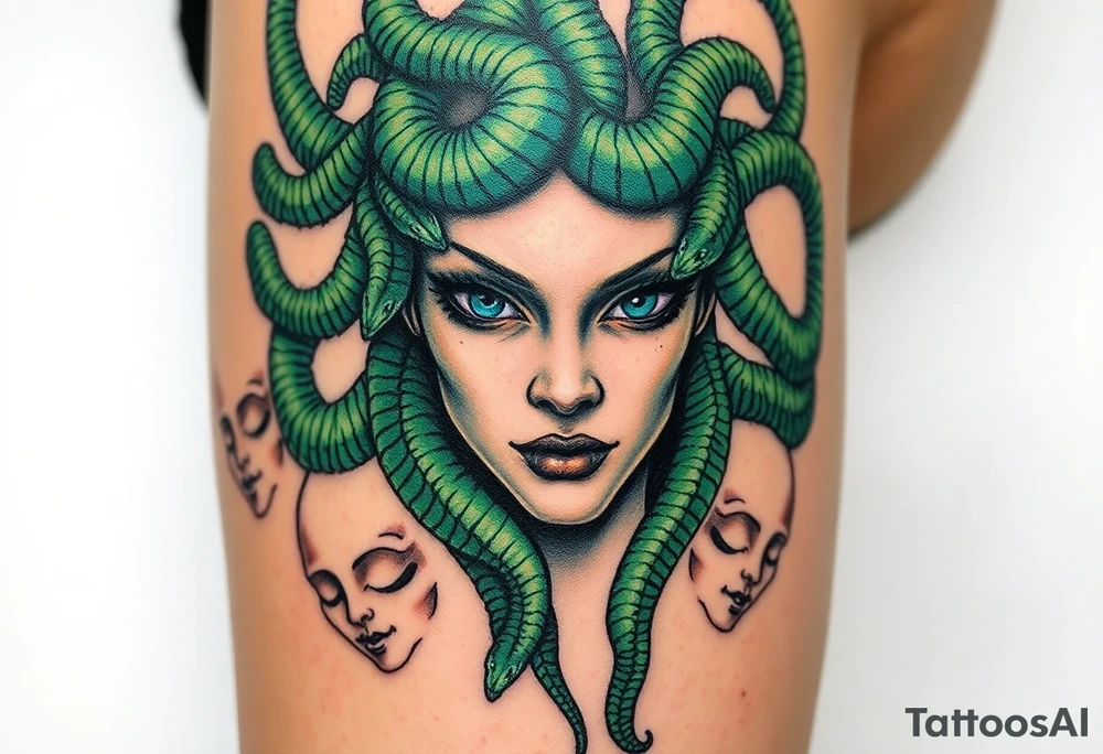 A detailed Medusa portrait with emerald-green serpents, her gaze hypnotic, surrounded by shattered stone faces of her victims tattoo idea