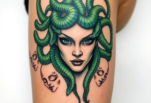 A detailed Medusa portrait with emerald-green serpents, her gaze hypnotic, surrounded by shattered stone faces of her victims tattoo idea