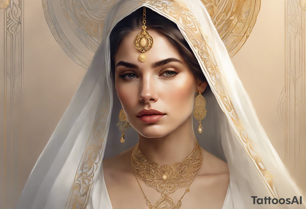A serene and elegant portrait of a woman with a calm and angelic expression, wearing a delicate white veil, gold jewelry with intricate designs, and a pendant with a religious icon. The lighting is soft and warm, creating a painterly and ethereal effect, reminiscent of classical art holding a lamp in her hand tattoo idea