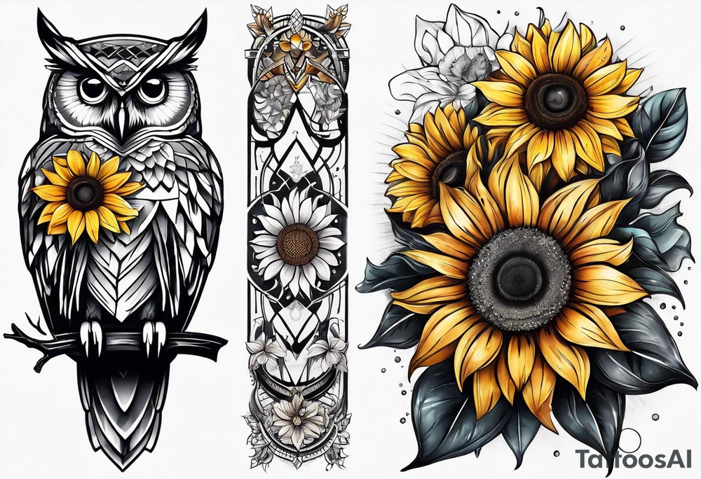 Owl and sunflower sleeve tattoo idea