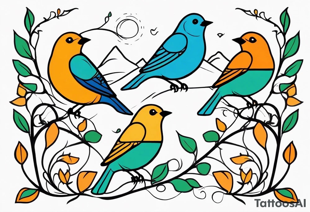 Fine line birds and vines tattoo idea