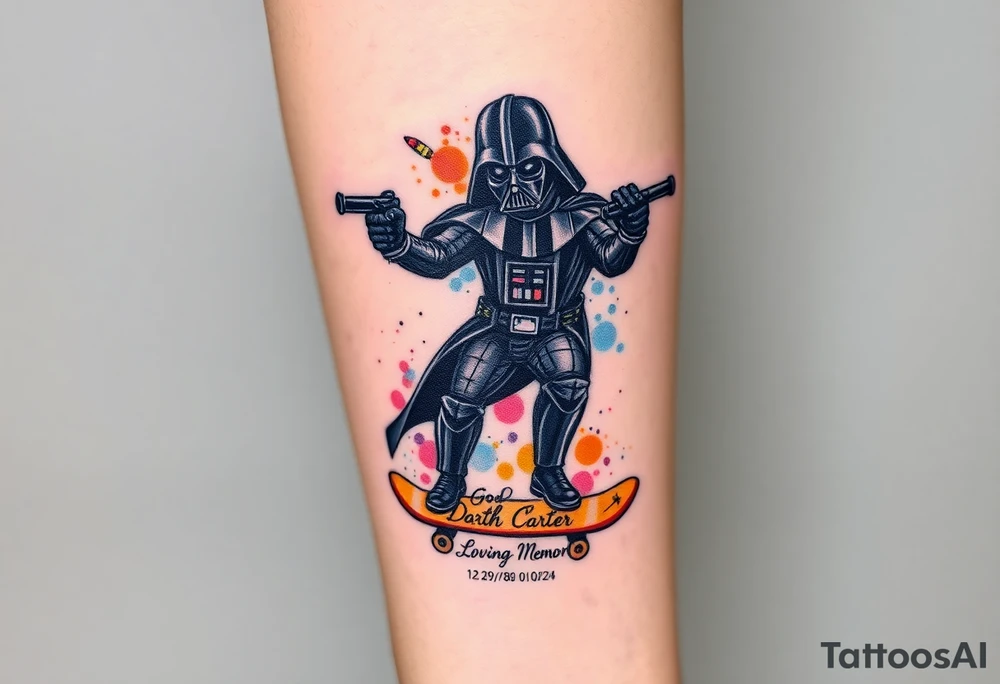 Darth Vader skateboarding holding gun > bullets > memorial > god > colors > futuristic 
add name "Darth Carter" on skateboard
add date in loving memory 12/29/88-01/06/24 tattoo idea