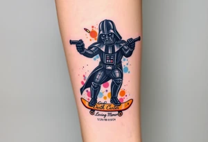 Darth Vader skateboarding holding gun > bullets > memorial > god > colors > futuristic 
add name "Darth Carter" on skateboard
add date in loving memory 12/29/88-01/06/24 tattoo idea