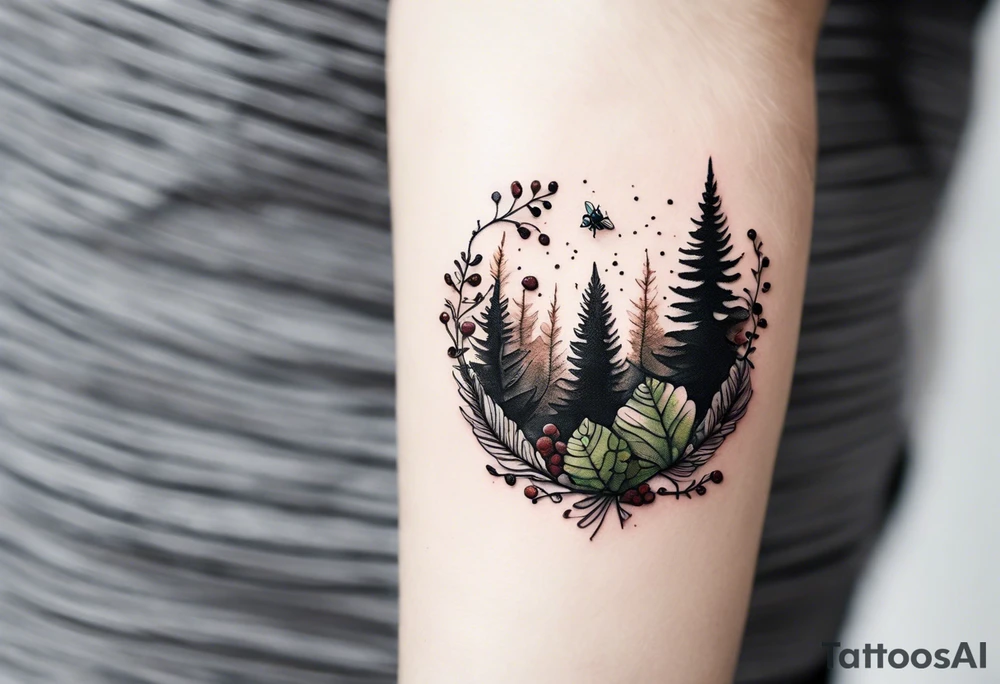 minimalistic forest floor inspired tattoo, which includes grass, moss, curly ferns and dead leaves as the bulk of the tattoo. details to include: forest berries, couple of very small brown mushrooms, a tiny bumblebee flying nearby tattoo idea