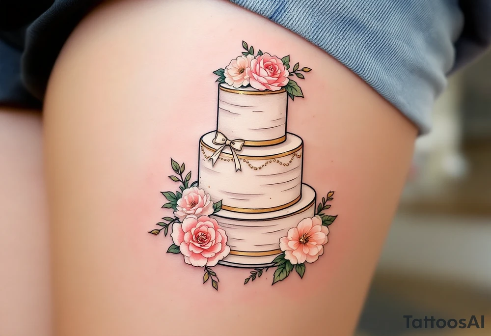 A vintage-style wedding cake tattoo with three tiers, adorned with floral accents (roses, hydrangeas), and topped with a small, delicate bow. Ivory cake with soft pink and peach flowers, gold accents, and a light cream ribbon. tattoo idea