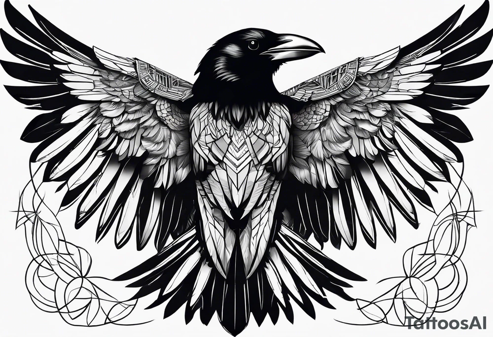 crow with open wings, only line drawing, geometric, symmetrical, without background, tattoo idea