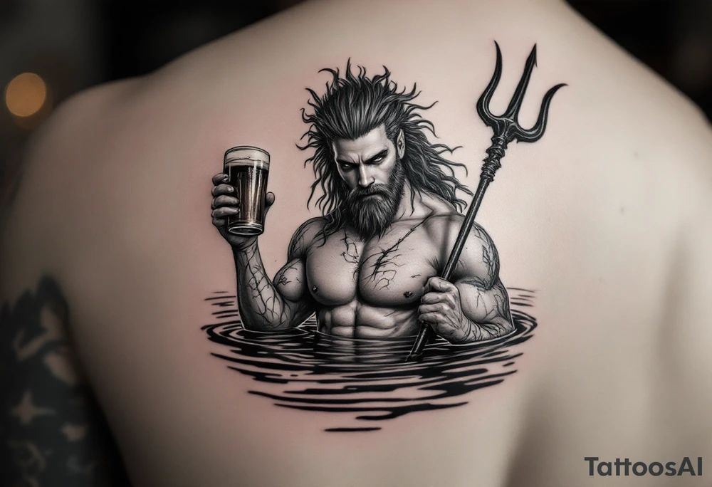 young, fit poseidon in calm water, behind a trident, holding a beer tattoo idea