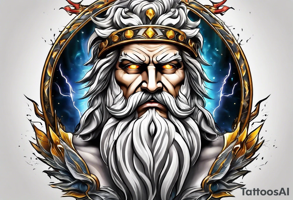 Zeus tattoo with lighting eyes, angry and holding lighting bolts tattoo idea