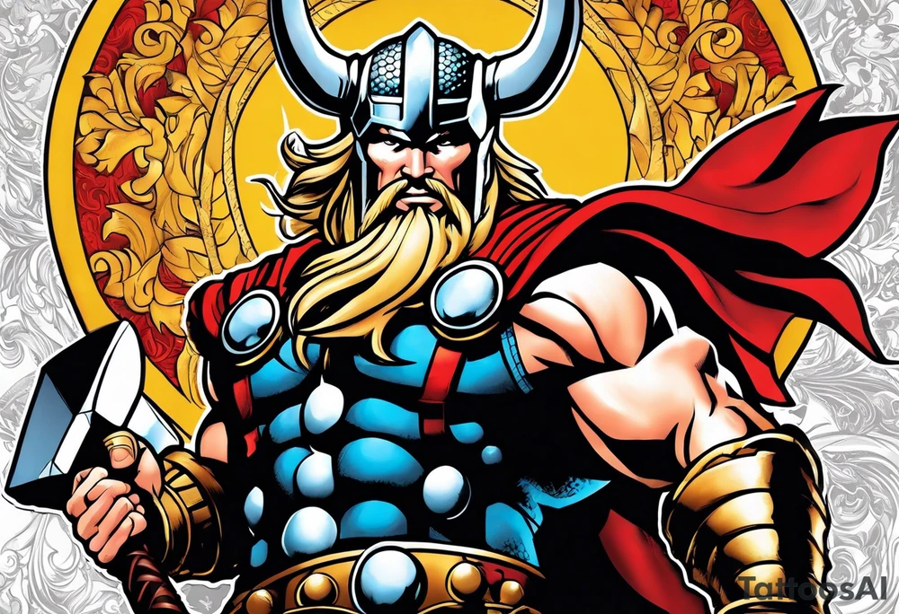 The Mighty Thor from comics in the 70's with a vignette in the background tattoo idea