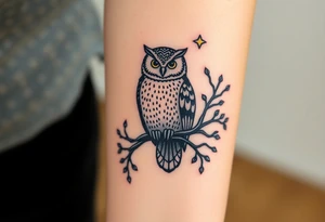 wise owl perched on ancient oak branch under starlit sky tattoo idea