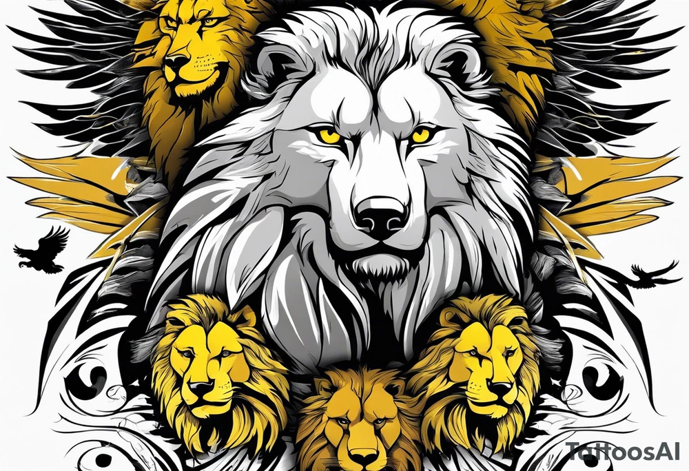 create a tattoo style image, merging the faces of 3 animals, an American eagle with a yellow beak, a lion and a wolf, the image must be half of the left face of the American eagle with a yellow beak merging with the entire face of the lion, and half of the right face of the wolf mixing with the entire face of the lion tattoo idea