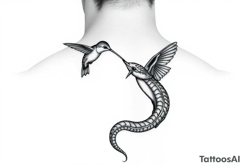 Humming bird looking down at snake while snake tail wrapped around humming bird and snake hissing at humming bird tattoo idea