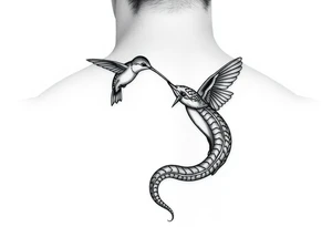 Humming bird looking down at snake while snake tail wrapped around humming bird and snake hissing at humming bird tattoo idea