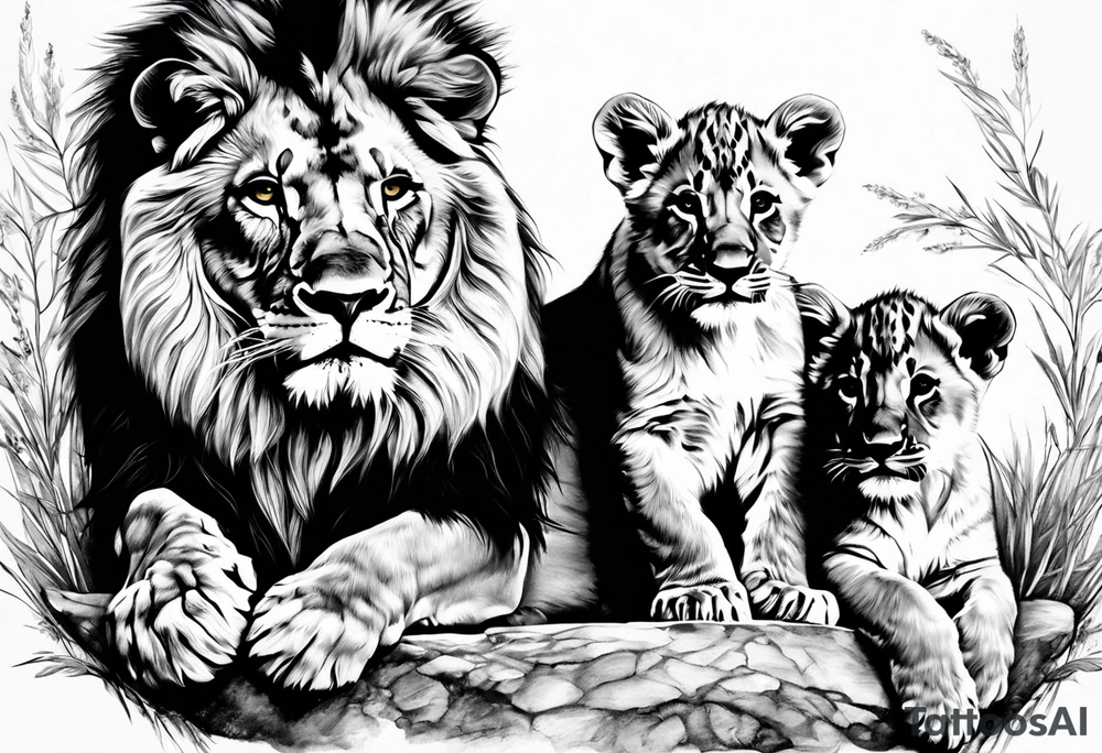 Lion overlooking 3 cubs tattoo idea
